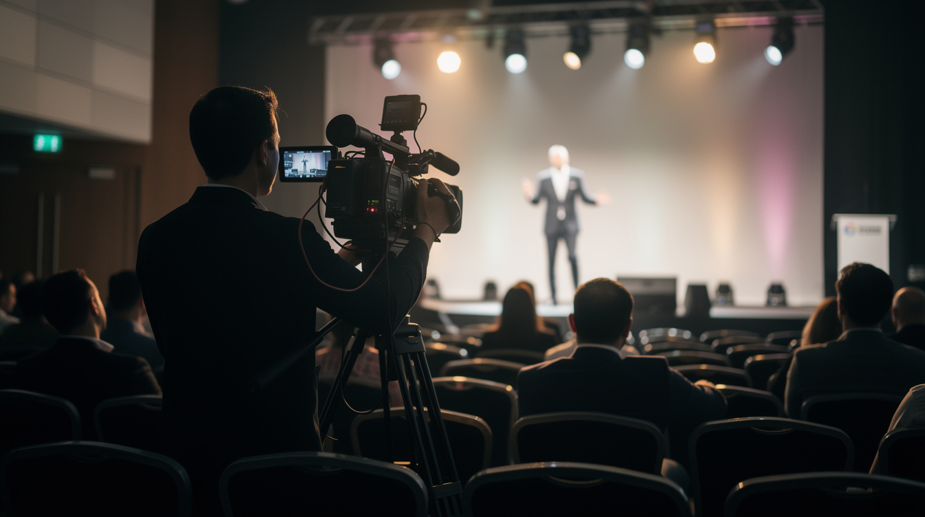Camera operator filming a conference event on stage