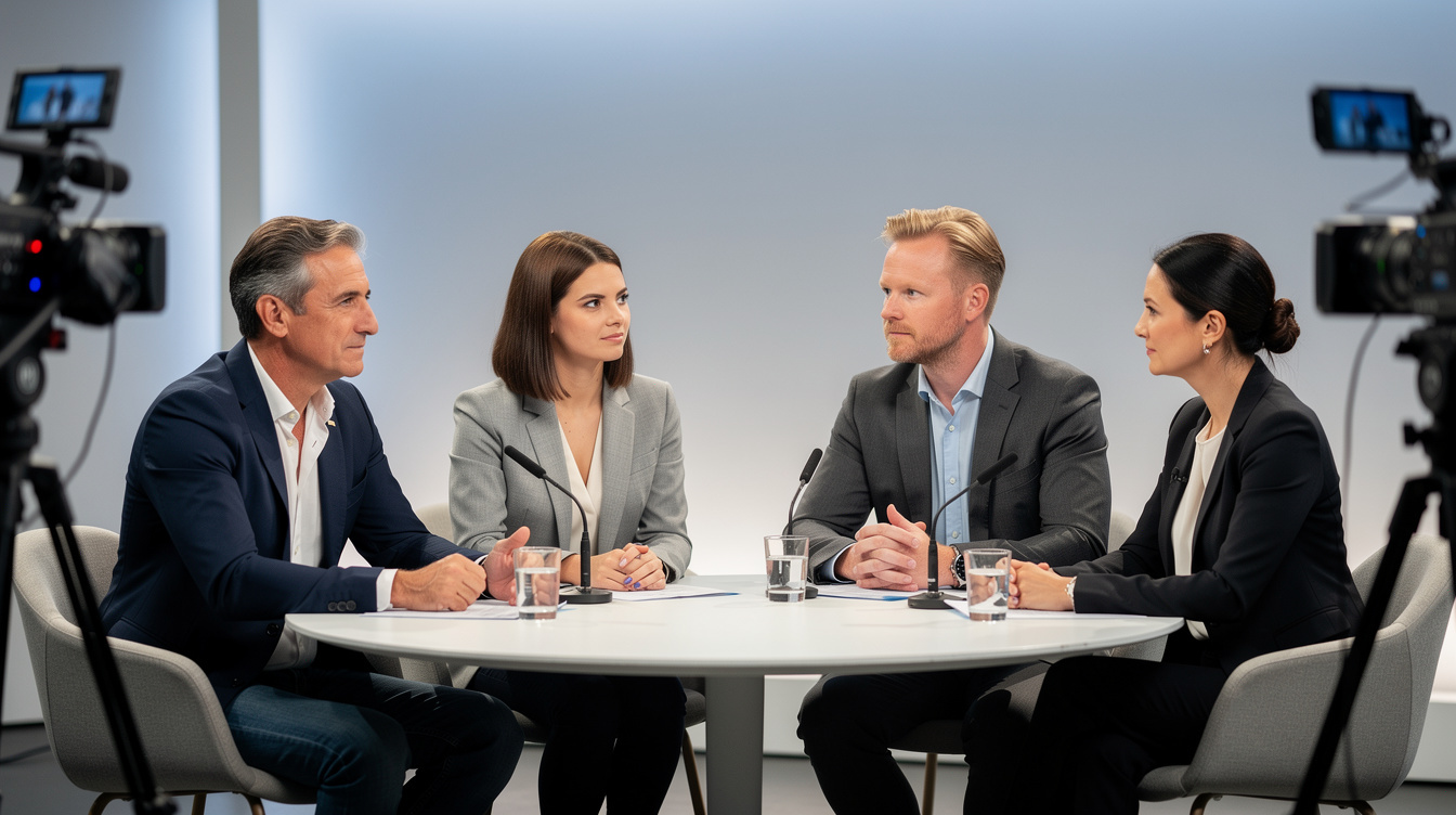 Panel of people filming a video discussion at a table