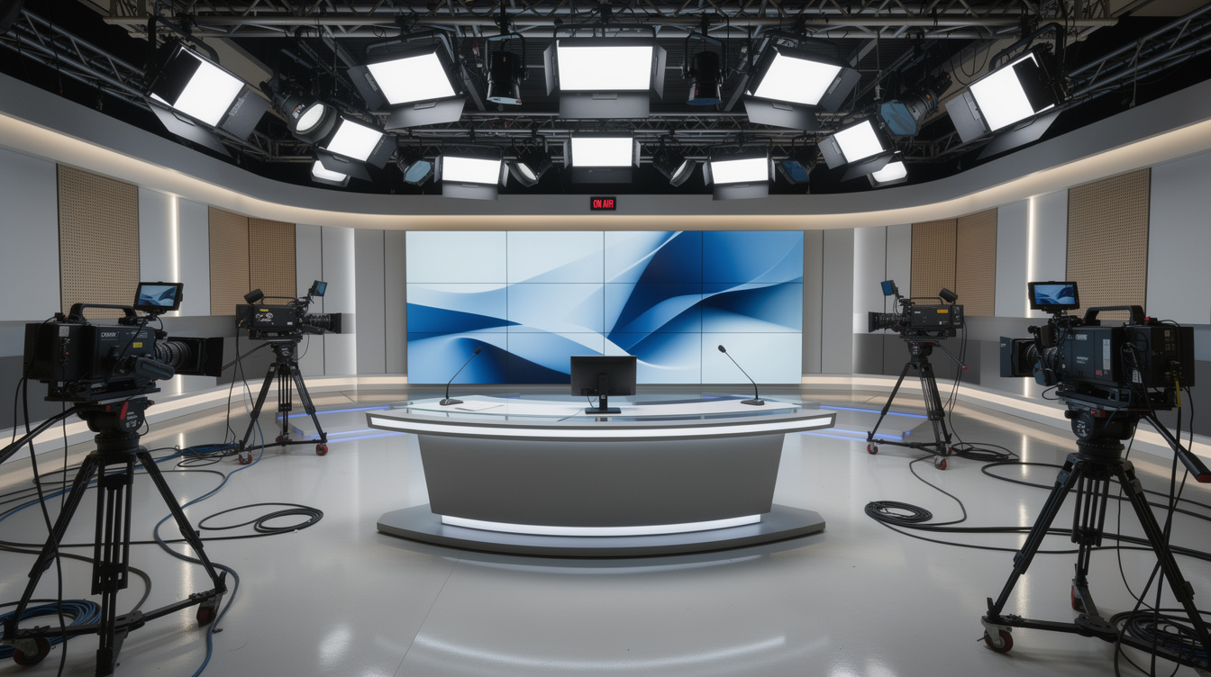 Wide shot of a fully equipped television studio set